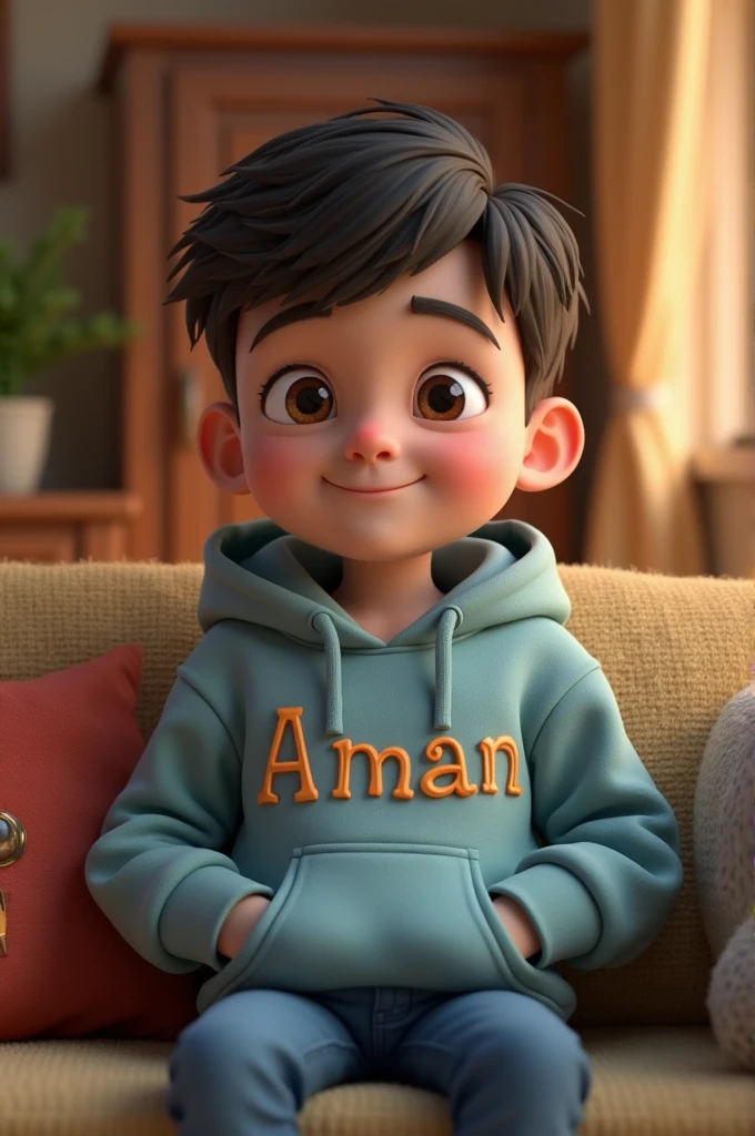 Made a 3d boy sitting on a sofa wearing hoodie and name written on the front of his hoodie Name is (AMAN)