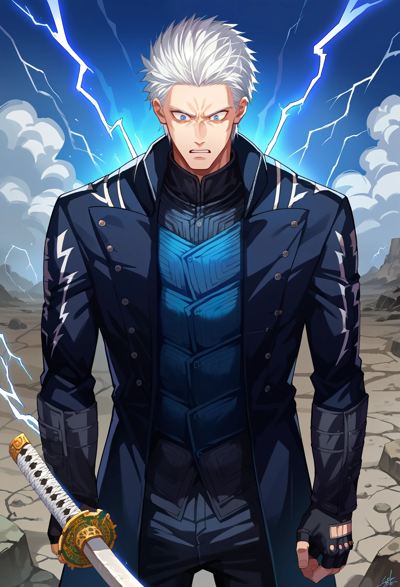 score_9, score_8_up, score_7_up, source_anime, 1boy, solo, dmc5vergil,  white hair, blue eyes, black coat, fingerless gloves, pants, standing, surprised face, holding a katana, looking at down, blue aura, lightning, wasteland, gray landscape, desolated, gray plain,