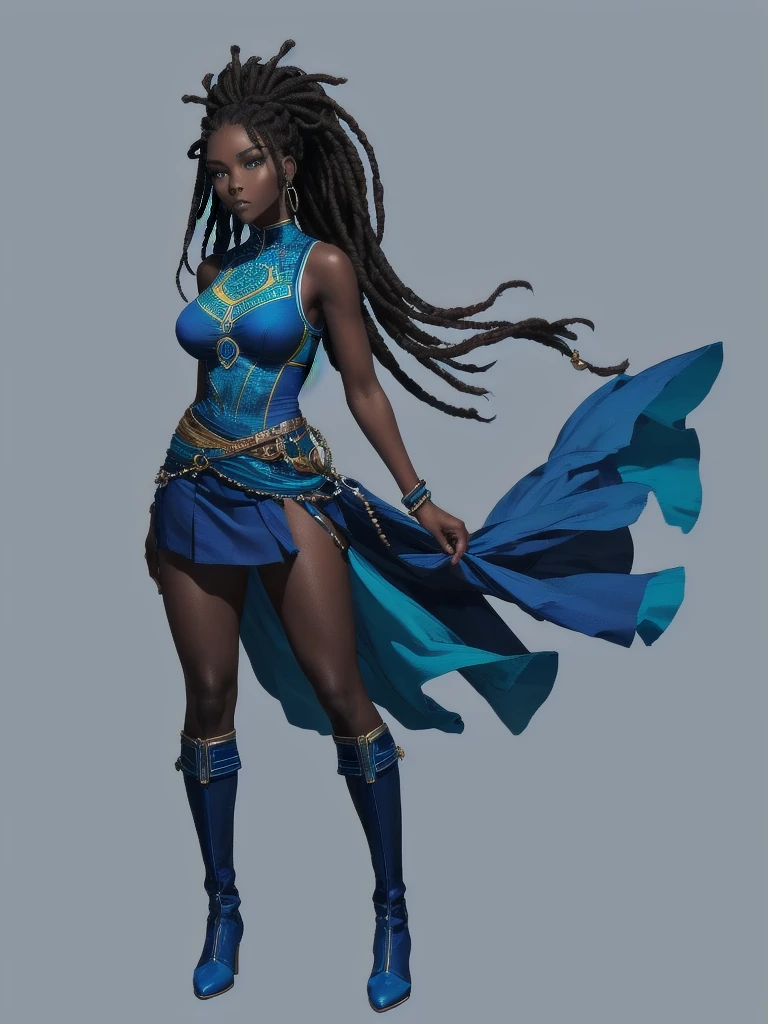 ((best quality)), ((4k)), ((highres)), ((masterpiece:1.2)). ((detailed)), ((ultra realistic)), ((intricate details)), ((full body picture)), ((character design sheet)), ((blank background)), a full body picture of a beautifull ebony female, young black woman, african princess, african model, perfect face, gorgeous face, detailed eyes, detailed lips, ((vivid blue eyes)), about 1, about 5'5 ft. tall, long thin dreadlocks, ((emphasis on her long thin dreadlocks)), dreadlock beads ((emphasis on her dreadlock beads)), athletic body, dressed in a sleeveless blue tank top and a floaty blue ruffle mini skirt ((emphasis on her sleeveless blue tank top and a floaty blue ruffle mini skirt)), dark blue and light blue outfit, ((emphasis on dark blue and light blue outfit)), multi-colored outfit, ((emphasis on multi-colored outfit)), multiple shades of blue dress, ((emphasis on her multiple shades of blue dress)), turquoise outfit, blue boots, princess, african sea goddess character concept, superhero character, superhero concept art, superhero character concept art, full body, full body concept art, full body art, splashes of water in the background