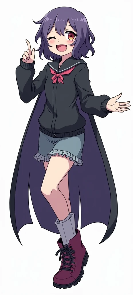 Neeko, Dark girl with wavy hair and a happy face and with an emo comic style and with a medium dark background, chubby but not too much and emo
