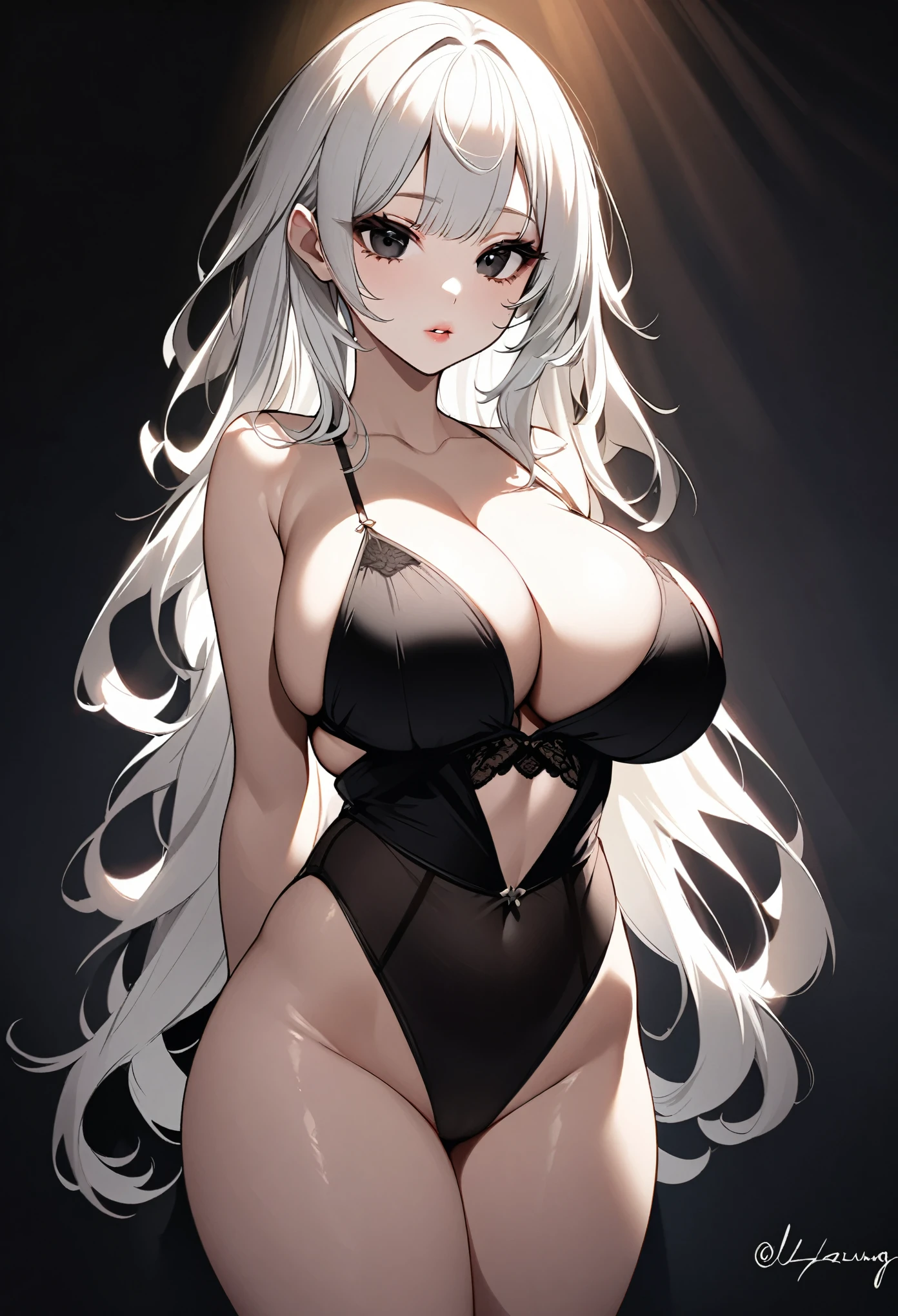 ulzzang, long eyelashes, small nose, full lips, porcelain skin, natural lighting, warm color palette, chiaroscuro lighting, dramatic shadows, sensual, alluring, mature themes, artistic, dreamlike, ethereal, ((arms behind back)), sideboob, cleavage, looking at viewer, white hair, big breasts, thick thighs, black eyes, black lingerie,