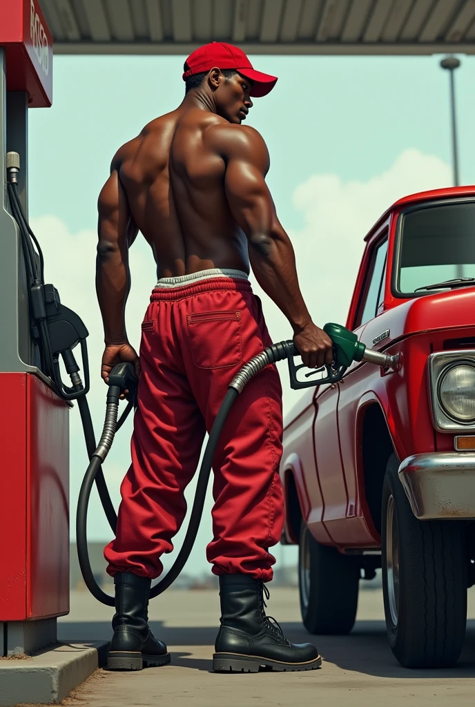 Young, muscular mixed-race gas station attendant filling up a car's tank at a gas station, wearing no shirt, red cap, thin gold chain around the neck, red sweatpants and black boots. humida. Sweat dripping down the body.