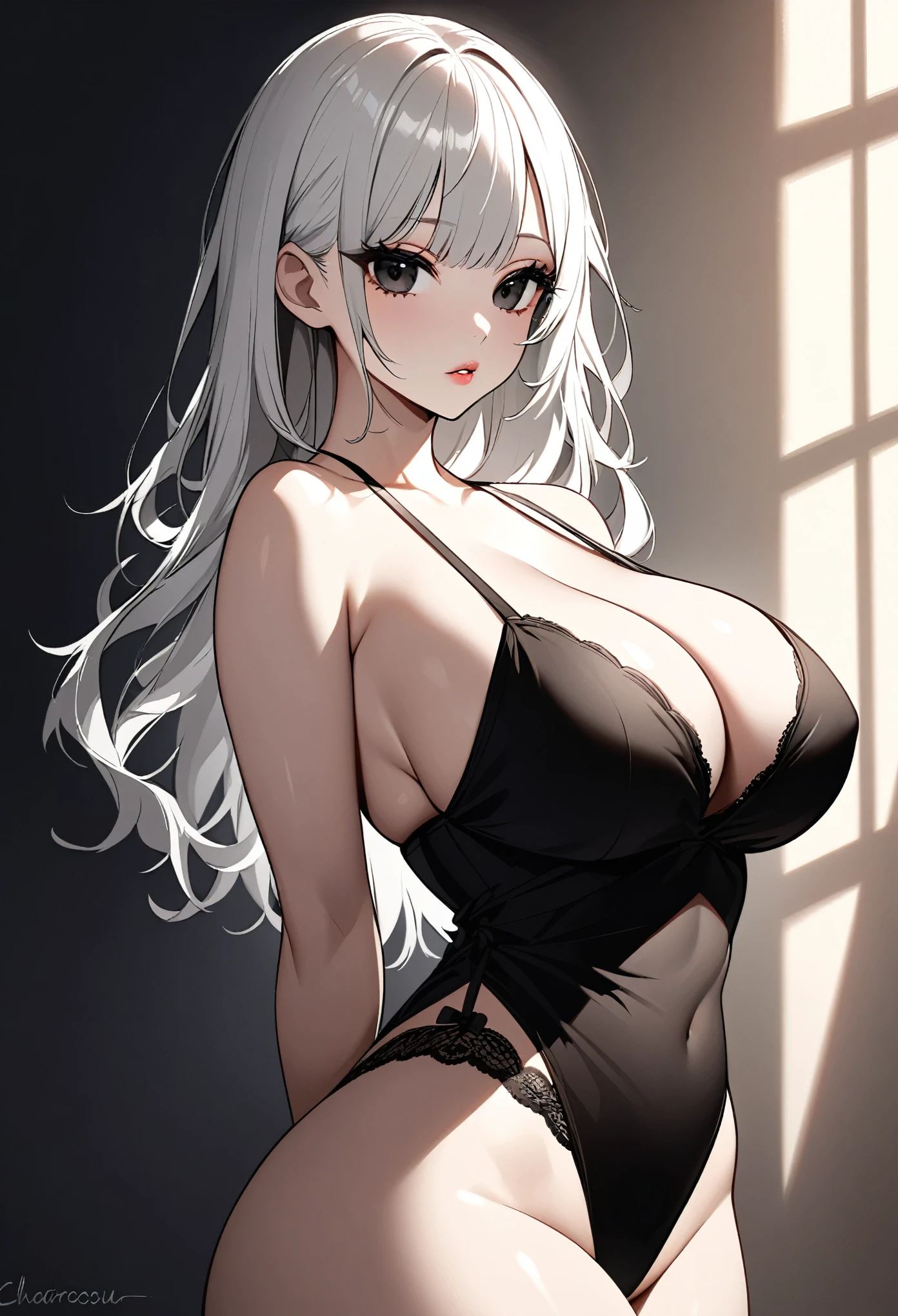 ulzzang, long eyelashes, small nose, full lips, porcelain skin, natural lighting, warm color palette, chiaroscuro lighting, dramatic shadows, sensual, alluring, mature themes, artistic, dreamlike, ethereal, ((arms behind back)), sideboob, cleavage, looking at viewer, white hair, big breasts, thick thighs, black eyes, black lingerie, 