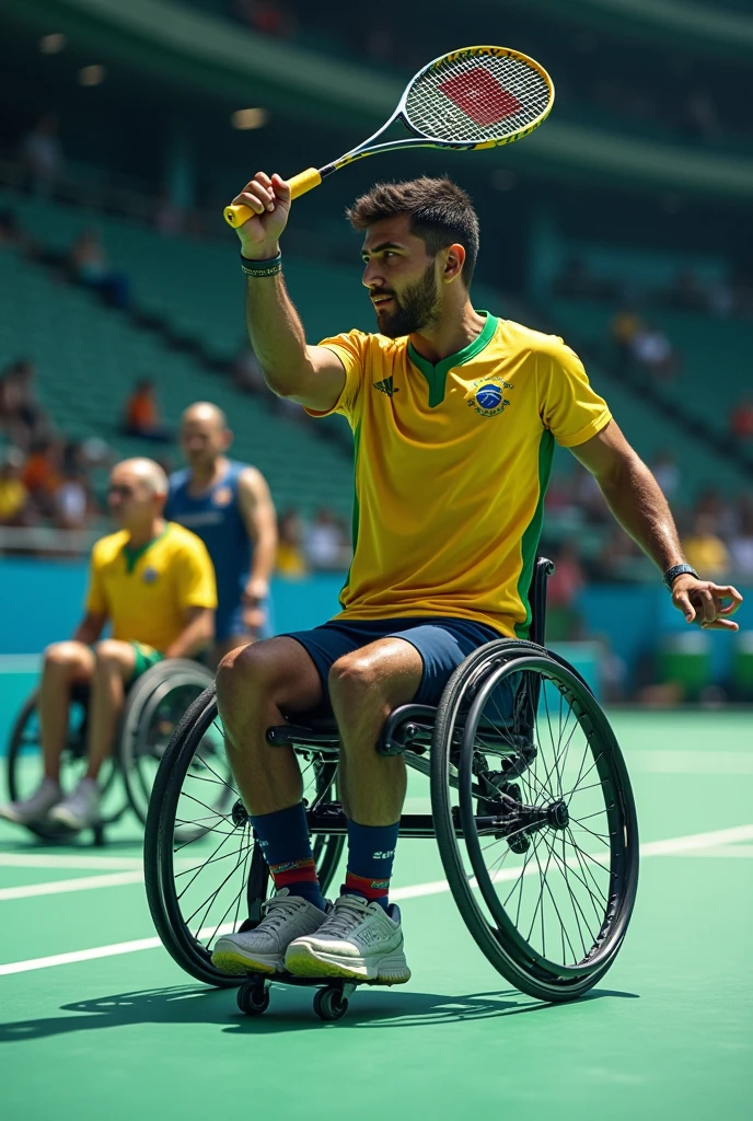 Image with Paralympic athletes from Brazil, a wheelchair tennis player, a badminton dwarf and a table tennis woman with no arm, and should not show the faces of these athletes, just the body