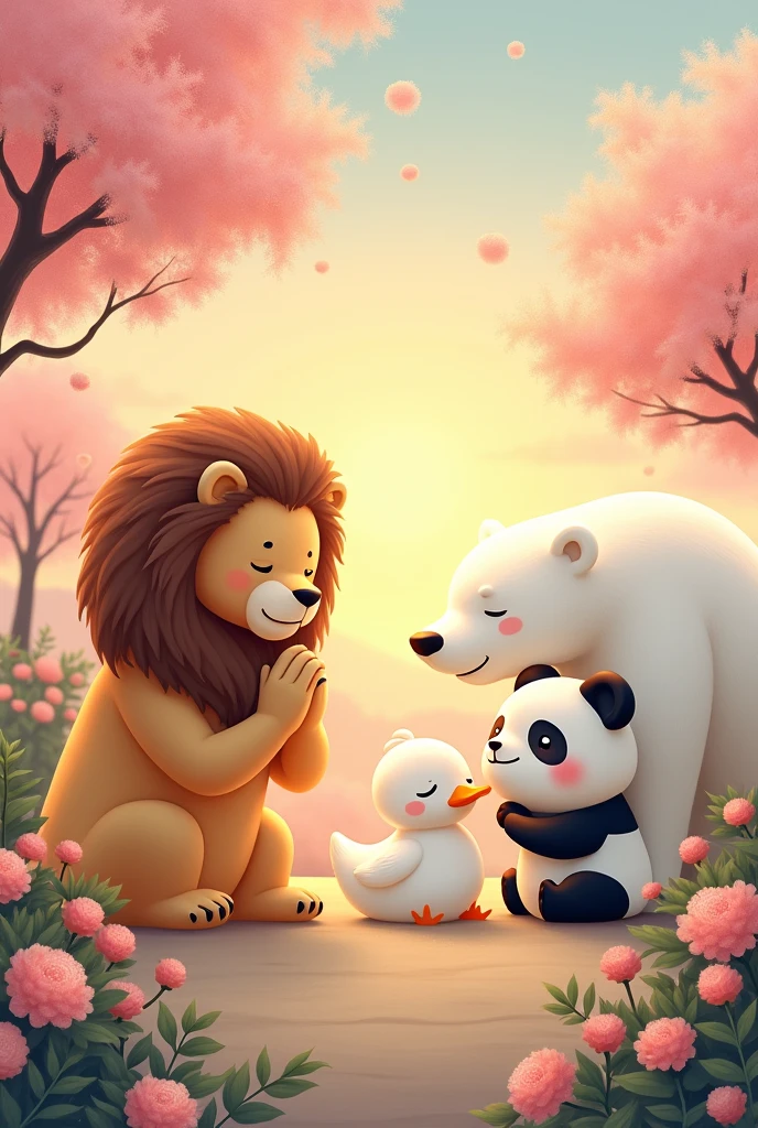 A panda and a duck hugging , a young lion with a mane plus a polar bear and they are praying, at sunset in korea with cherry blossoms. I want a kwai drawing