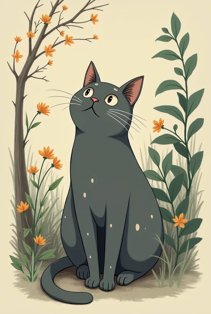 I want a mobile wallpaper that has a dark grey cat with small beige spots on its face, I would like the background to be something that reflects peace, I would like the drawing style to be like Studio Ghibli, I want the drawings to be detailed and that when you see it, it reflects nostalgia and peace.. I likeria que la imagen tenga un estilo más adulto, not so . The cat should be seen in full length and in proportion to the background.. I like, but the cat is smaller, so that the background is more visible.