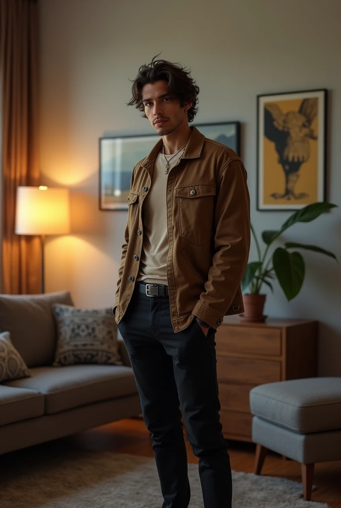 realistic: 1.3, (photorealistic, 8k, RAW photos, premium quality, masterpiece, epic lighting. Selfie, 1 handsome man, self-confident South American, perfectly detailed face and body, scene inside an apartment, lots of lighting, lighting dynamic pose, beautiful detailed hair, urban clothing, 2 full body photo, selfie photo