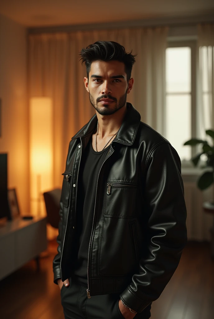 realistic: 1.3, (photorealistic, 8k, RAW photos, premium quality, masterpiece, epic lighting. Selfie, 1 handsome man, self-confident South American, perfectly detailed face and body, scene inside an apartment, lots of lighting, lighting dynamic pose, beautiful detailed hair, urban clothing, 2 full body photo, selfie photo