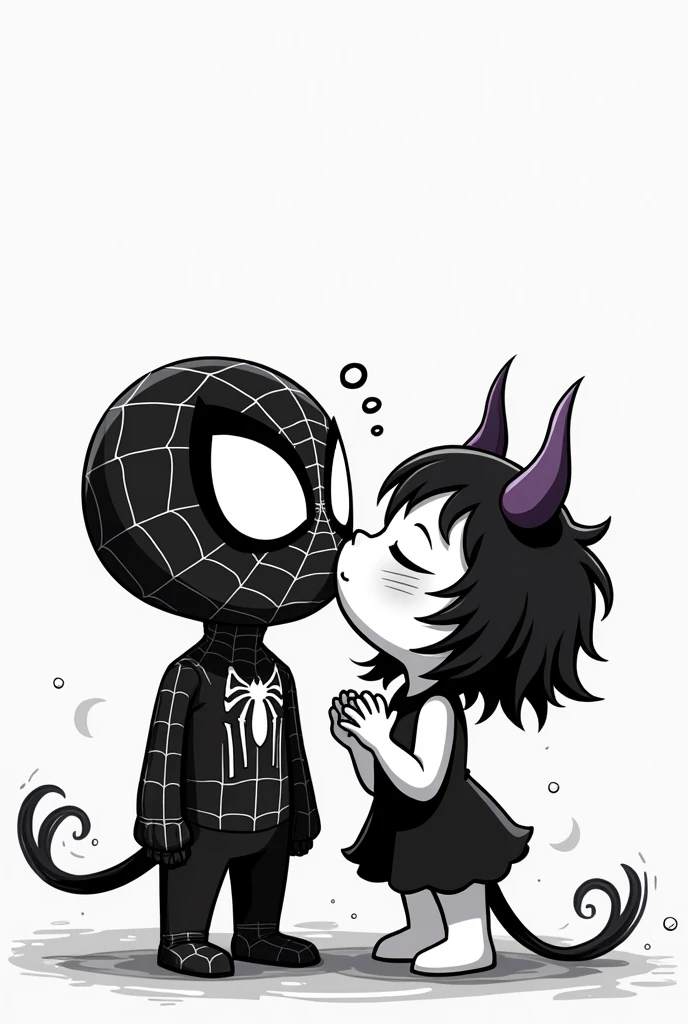 Make me animated Kuromi giving a kiss to animated spiderman in black and white 

