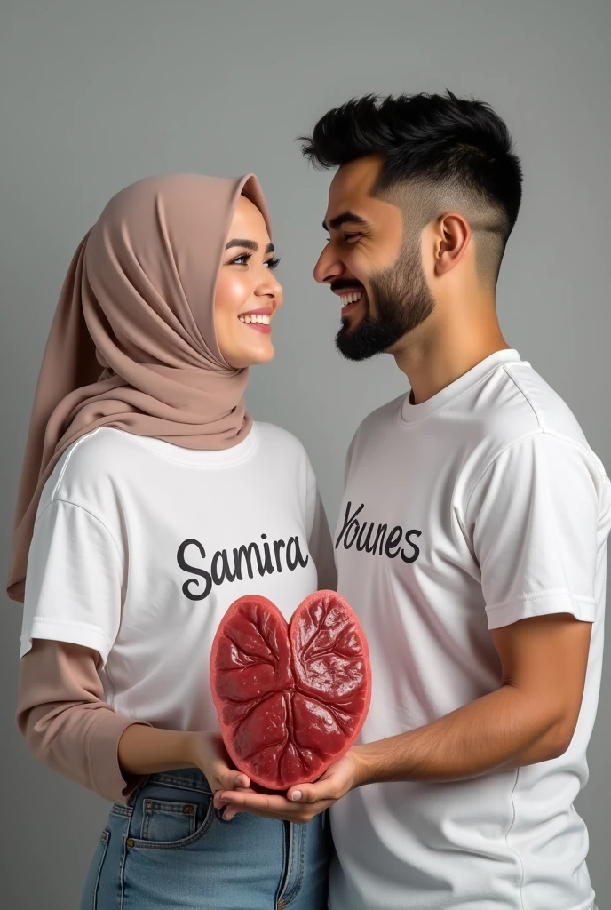 A muslim girl wearing a t-shirt printed Samira, and her husband wearing a t-shirt printed Younes, both holding a liver thier hands.