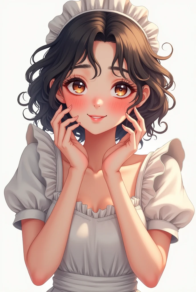 ((beautiful maid:1.5),high resolution, top quality),wearing maid's uniform,soft hands, big bright eyes, dark and vibrant curled hair, sweet smile, rosy cheeks, soft light, pure white background.