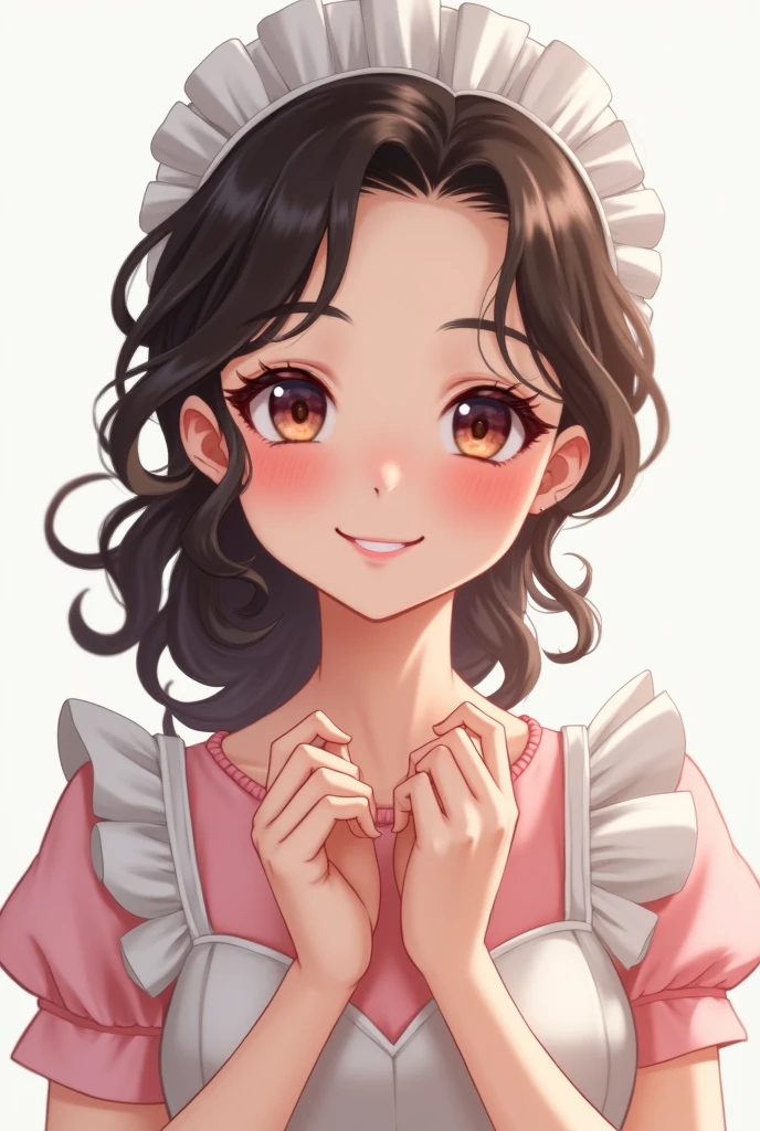 ((beautiful maid:1.5),high resolution, top quality),wearing maid's uniform,soft hands, big bright eyes, dark and vibrant curled hair, sweet smile, rosy cheeks, soft light, pure white background.  