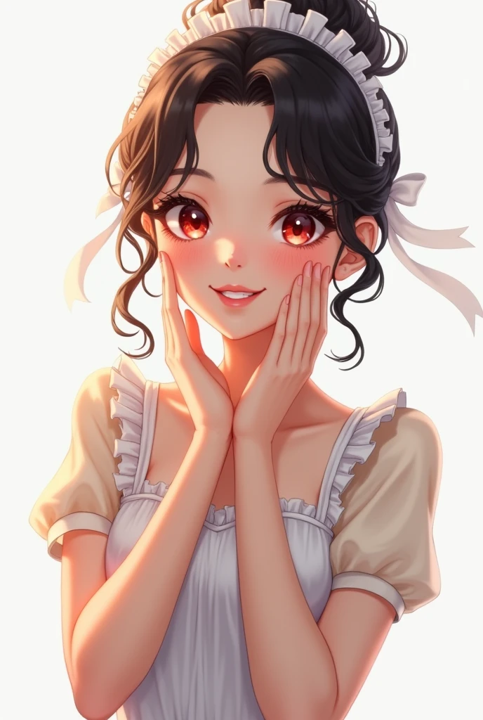 ((beautiful maid:1.5),high resolution, top quality),wearing maid's uniform,soft hands, big bright eyes, dark and vibrant curled hair, sweet smile, rosy cheeks, soft light, pure white background.