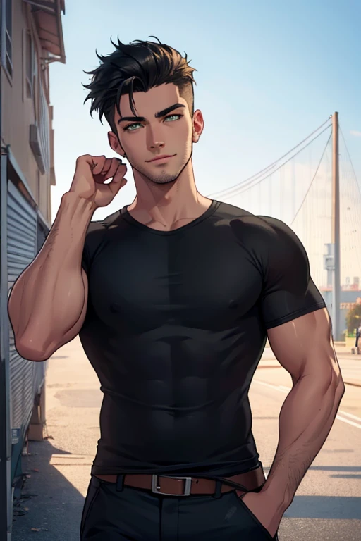 1 handsome young man in his early 20s, green eyes, detailed eyes, olive skin, mid length black hair combed to one side, playful fanged smile, tall, athletic body, black t shirt, cargo pants, (best quality,8k,highres,masterpiece:1.2),ultra-detailed,(realistic,photorealistic,photo-realistic:1.37),portrait,studio lighting,sharp focus,physically-based rendering,vivid colors,warm lighting