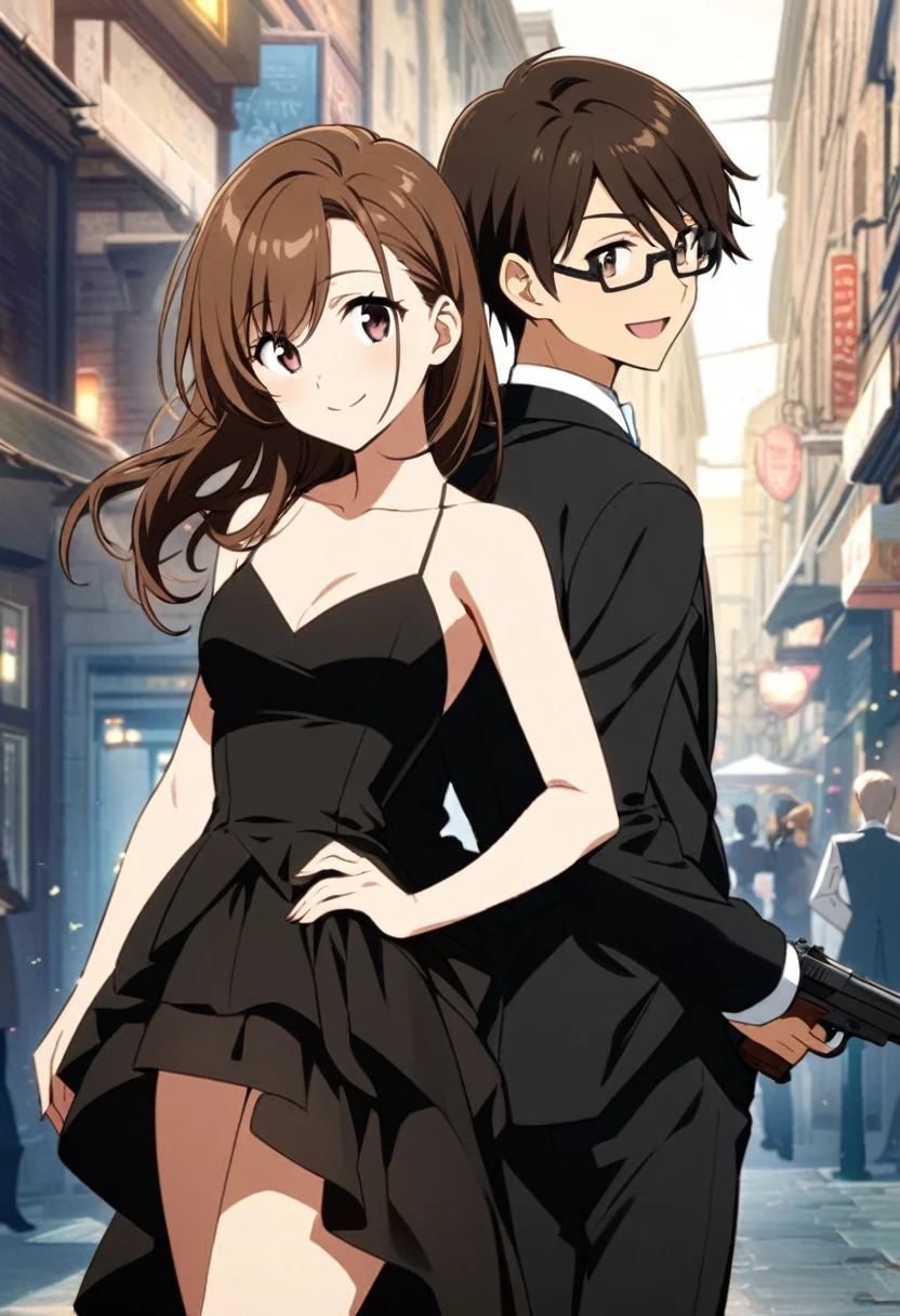 anime, two people, one beautiful female with long brown hair and no glasses with a pistol in a beautiful black sleeveless dress, the other person is a male with short dark brown hair and black rimmed glasses with a pistol in a tuxedo, they are boyfriend and girlfriend, both smiling, back to back,