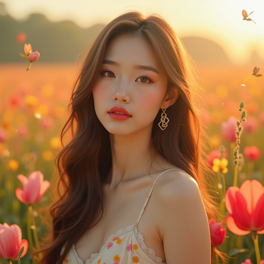 a beautiful young woman, 1girl, kpop idol, Eunha from Gfriend, long brown hair, large expressive eyes, detailed facial features, pink lips, soft glowing skin, elegant posture, colorful kpop outfit, standing in field of flowers, golden hour lighting, vibrant colors, cinematic composition, (best quality,4k,8k,highres,masterpiece:1.2),ultra-detailed,(realistic,photorealistic,photo-realistic:1.37),cinematic lighting,highly detailed,warm tones,vibrant colors,detailed skin texture