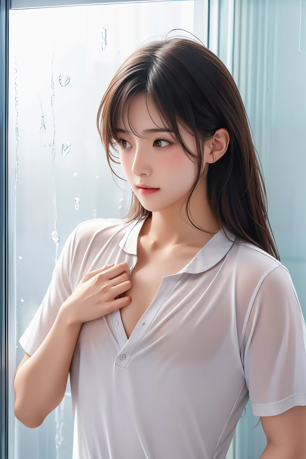 Behind the frosted Glass, masterpiece, Highest quality, chest_upon_Glass,One person, Healthy Body, Sweat, chest upon windows, Water Drop, chest squeezed by Glass, School uniformVery long hair, 大きなchest, Blushing, 