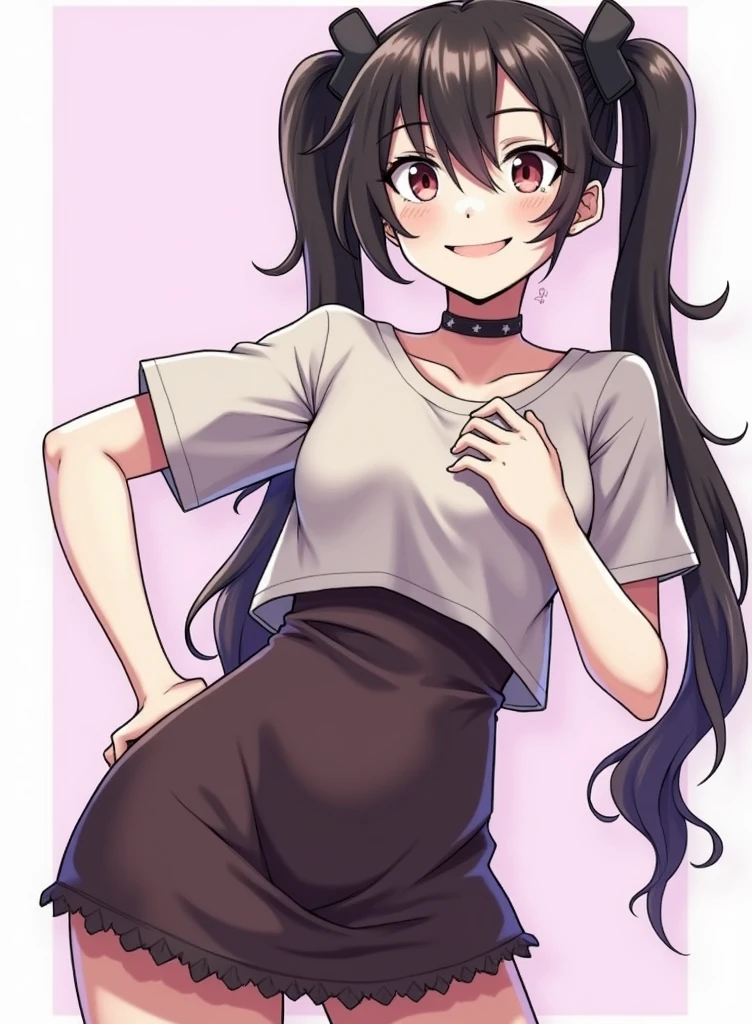 1girl,solo,,looking at viewer,tokisaki kurumi,black hair,(((hair over one eye,trembling))),very long hair,,red eyes,,low twintails,,spoken heart,6yo,(petite),flat chest,grin,outdoor,camisole,denim shorts,socks,(nsfw)