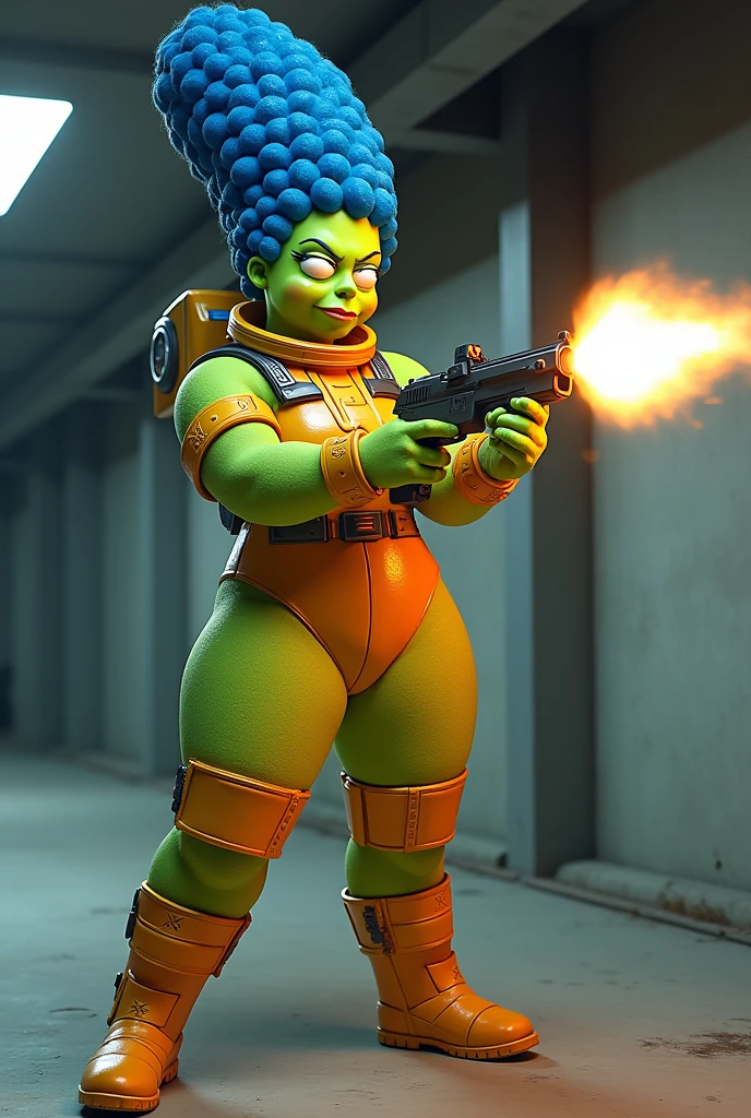   Marge Simpson , 45, shortcut, green fur, shoots a gun at a practice range, high_busty, Wearing a spacesuit