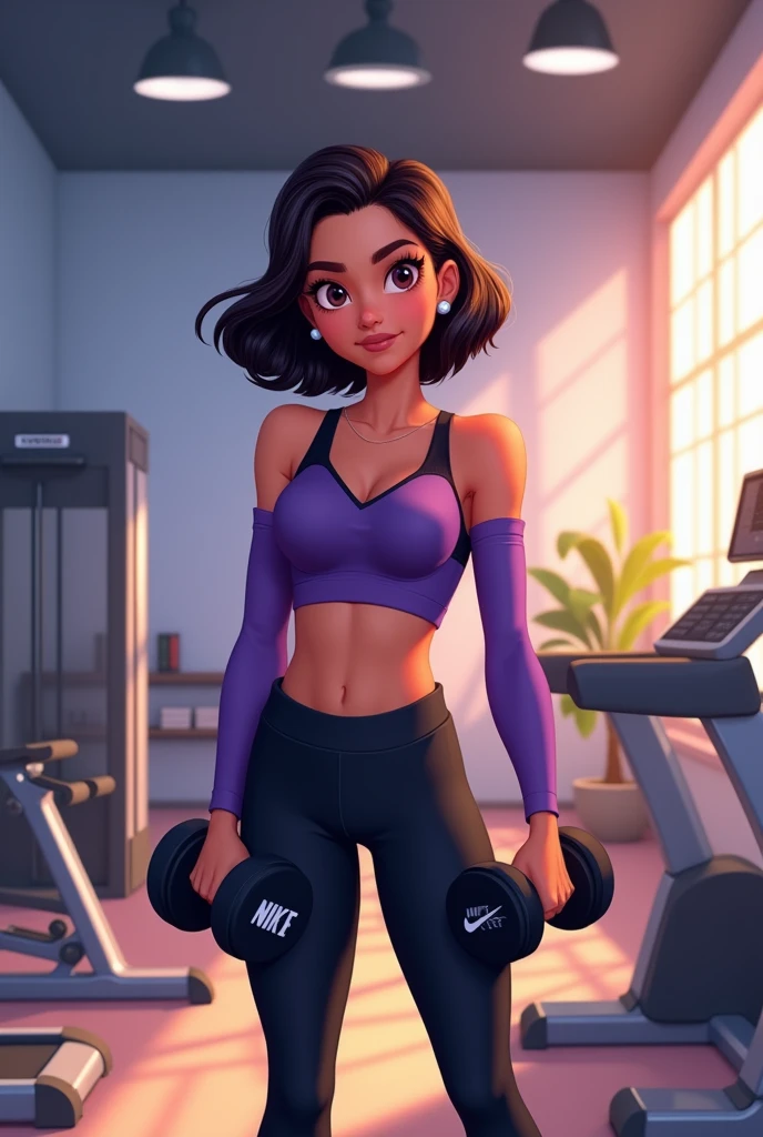 Disney-style poster with a girl in the gym with a body that is not so thin and not so fat, medium long straight hair, butterfly cut and dark brown color, dressed in a purple sleeved sports blouse and black sports leggings that reach before the ankle, black nike brand tennis shoes, dumbbells in hands