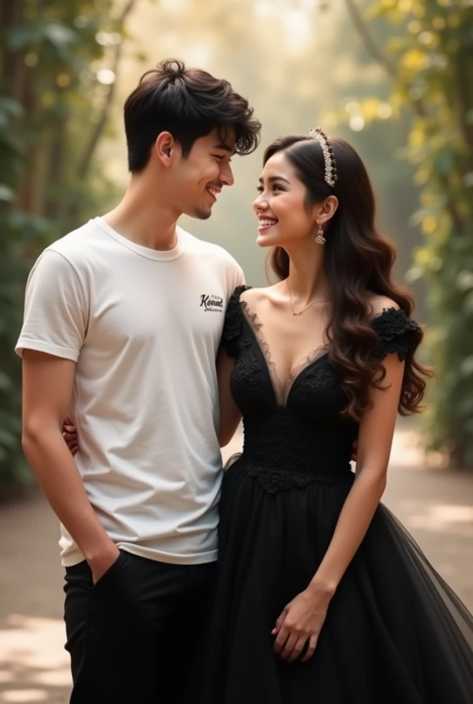 Create a realistic picture of a 2 beautiful young couple standing close to camra the boy wearing white tshirt and black pant looking toward the gril with smiling face and the girl wearing black bride dress looking to the face of boy while smiling . the name 'afnan ' should be written on biy shirt and name 'Kainat' should be written on girl dress at chest.