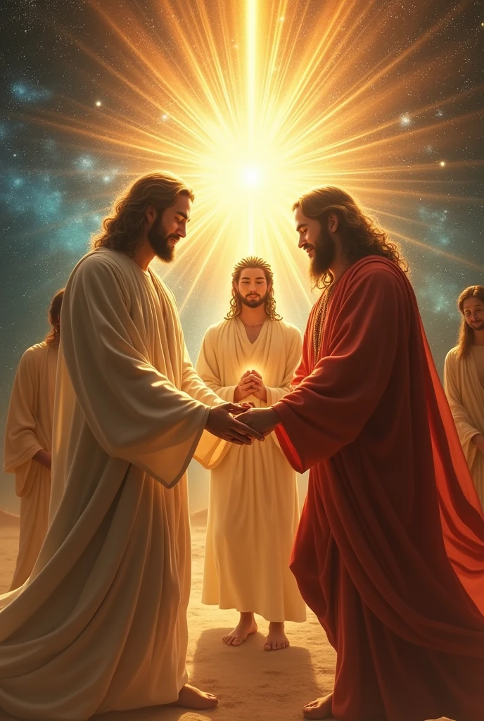 God Buddha and black deity Yemanjá holding hands with Jesus walking forward and smiling emanating the energy of love that comes out of their hearts towards the universe
