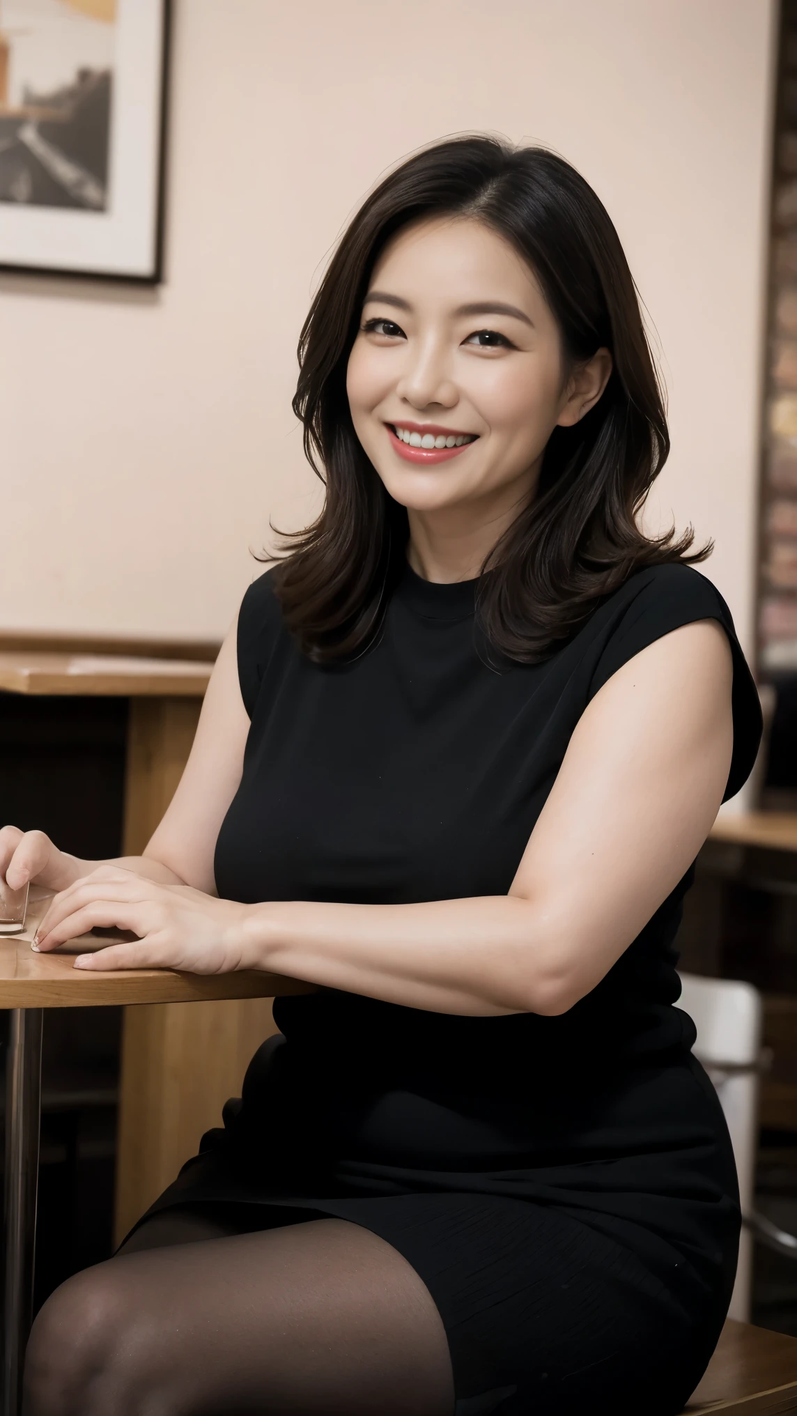 8k wallpaper, masterpiece, Highest quality, Very detailed, One Mature Woman, 50 years old, Become very clear, Wearing a short-sleeved knit, Skin dents, Captivating smile, Looking at the audience, No lapel microphone, Plump, Curvaceous, Attractive face, Smiling with teeth showing, I was happy, sitting in a cafe, Background Blur