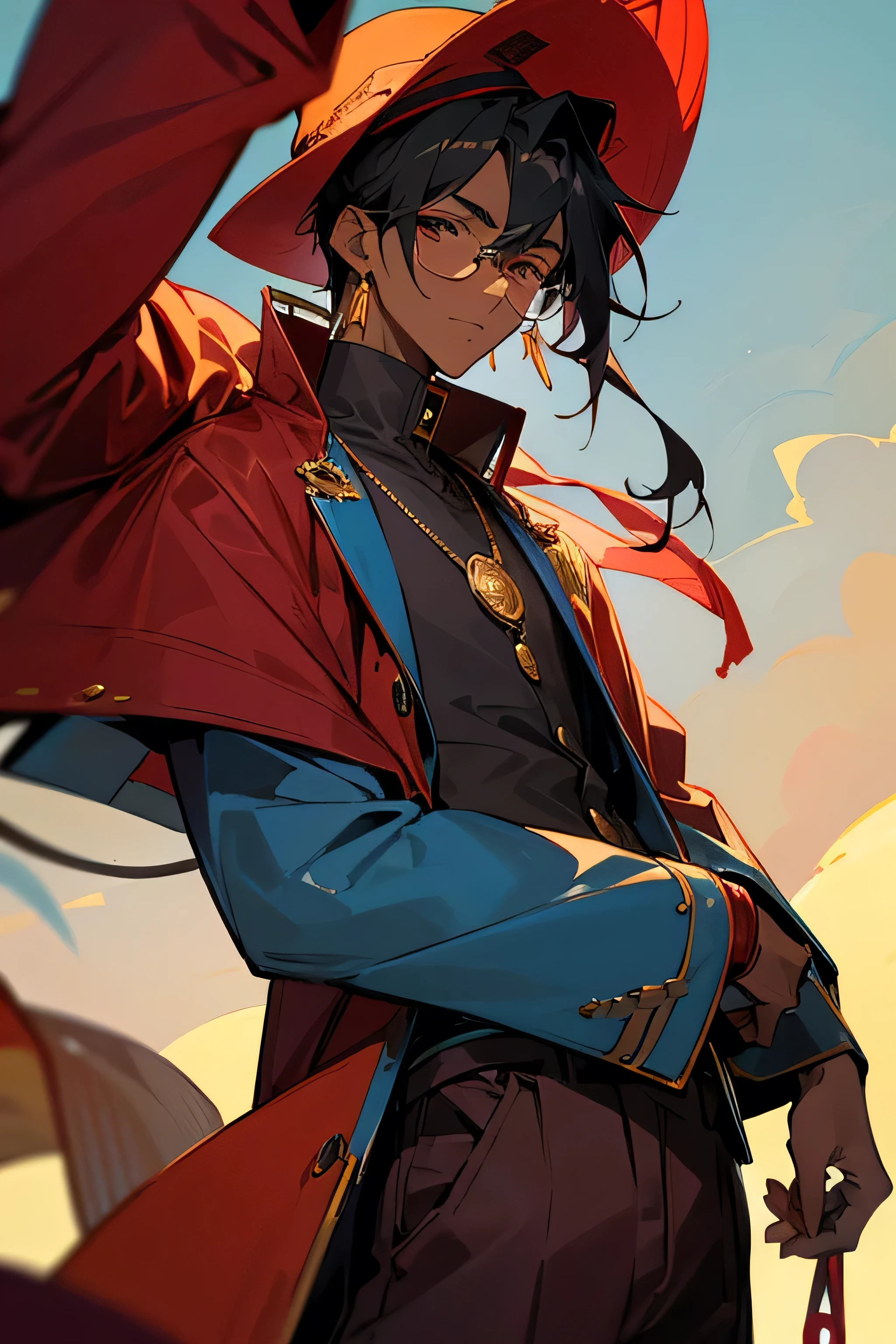 1male , Calm Expression , Ombre Hair ,Black Hair , Gold Highlighted Hair , Dark Skin , Adult Male, Maroon Baggy Pants, Maroon Shirt, Light Blue Jacket, Baggy Jacket, Maroon Headwear, Glasses, Perfect Generation. Darker Tone, Farm In Background, Great Sword On Back, Grown, Buff, Adult, Jewlery
