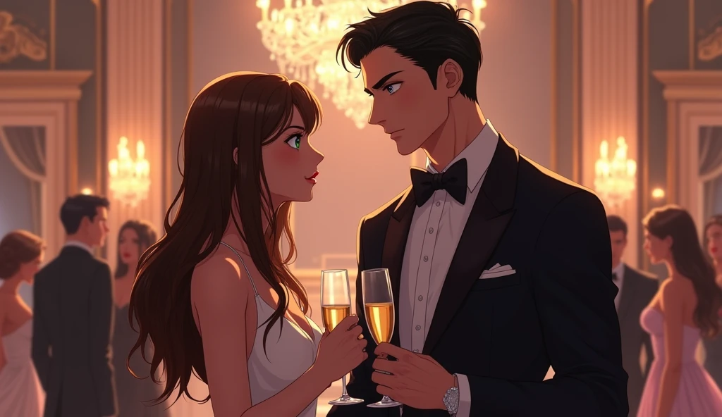 (2.5D Anime:1.3), (highly detailed:1.2), (modern high-society party:1.2), (elegant ballroom:1.1), (two people conversing:1.3), (formal attire:1.1), (champagne glasses:0.9), (ambient lighting:1.0), (chandelier:0.8), (other guests in background:0.7), (woman:1.2), (5'8" tall:1.0), (long straight brown hair:1.1), (curvy body:1.1), (toned physique:1.0), (green eyes:1.1), (elegant dress:1.0), (man:1.2), (6'5" tall:1.1), (extremely attractive:1.2), (short black hair:1.0), (muscular build:1.1), (chiseled jawline:1.2), (piercing blue eyes:1.1), (tuxedo:1.0), (intimate conversation:1.1), (slight smile:1.0), (eye contact:1.2), (soft focus background:0.9), (glamorous atmosphere:1.1)