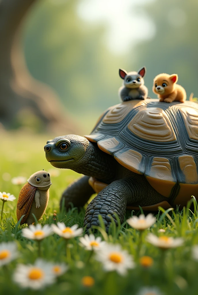 In the foreground a turtle with a daisy flower and a cicada the same size as the daisy flower, A buffalo and Pumba appear in focus (the character of the lion king) and in the background green grass with many small daisy flowers.