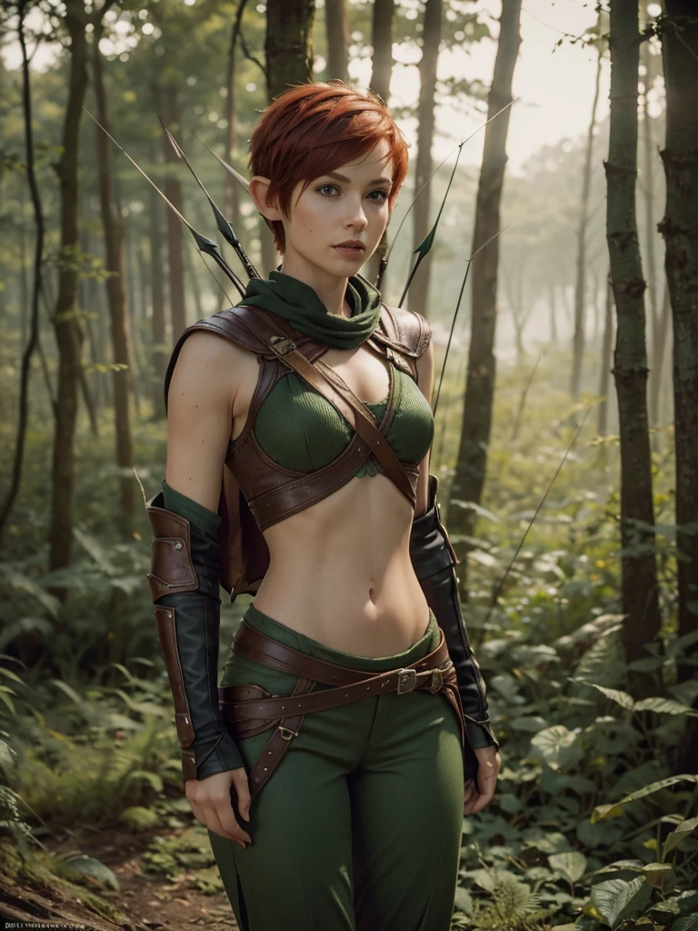 slim feminine figure, redhead, best quality, realistic skin texture, photography, film grain texture and high contrast, extremely high-resolution details, photographic, photorealistic, hyper-realistic, HDR, masterpiece, ((short pixie hair)), dressed up as a hunter from world of warcraft, full green elven armor, bow and arrows, a green lust forest in the background, brown pants