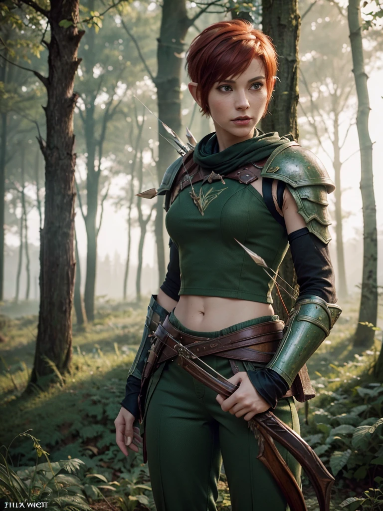 slim feminine figure, redhead, best quality, realistic skin texture, photography, film grain texture and high contrast, extremely high-resolution details, photographic, photorealistic, hyper-realistic, HDR, masterpiece, ((short pixie hair)), dressed up as a hunter from world of warcraft, full green elven armor, bow and arrows, a green lust forest in the background, brown pants