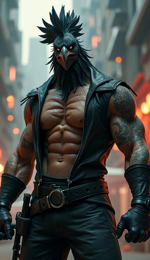 den, rooster bird, male, adult, veiny muscles, defined body, toned muscles, dark black pants, terrorist, bandit, criminal, pirate, serious look, fierce look, small eye, black feathered body, white feathers, detailed background, wild background, clear weather, realistic, photorealistic, ultra realistic, 8k, bare chest, black nipples, tight crotch, shirtless, utility belt, shiny skin, torso tattoo, long feathers, unbuttoned black vest, riding a motorcycle showing its tires in the illuminated city