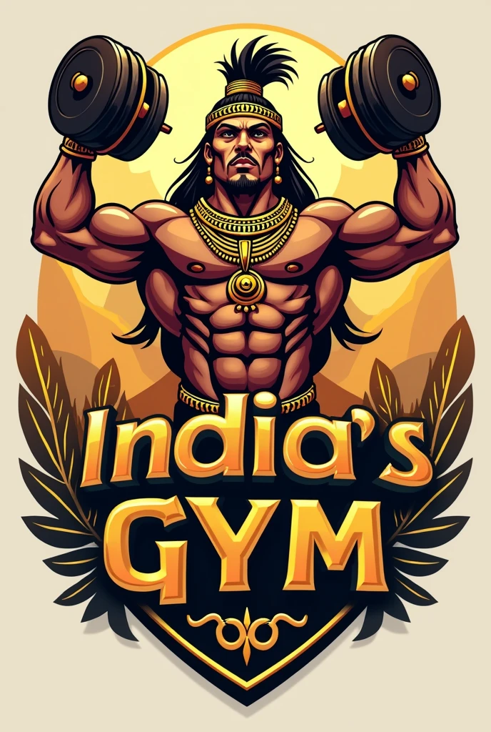 Logo of a gym in Peru with a Peruvian Inca with gold jewelry
, muscular and lifting weights