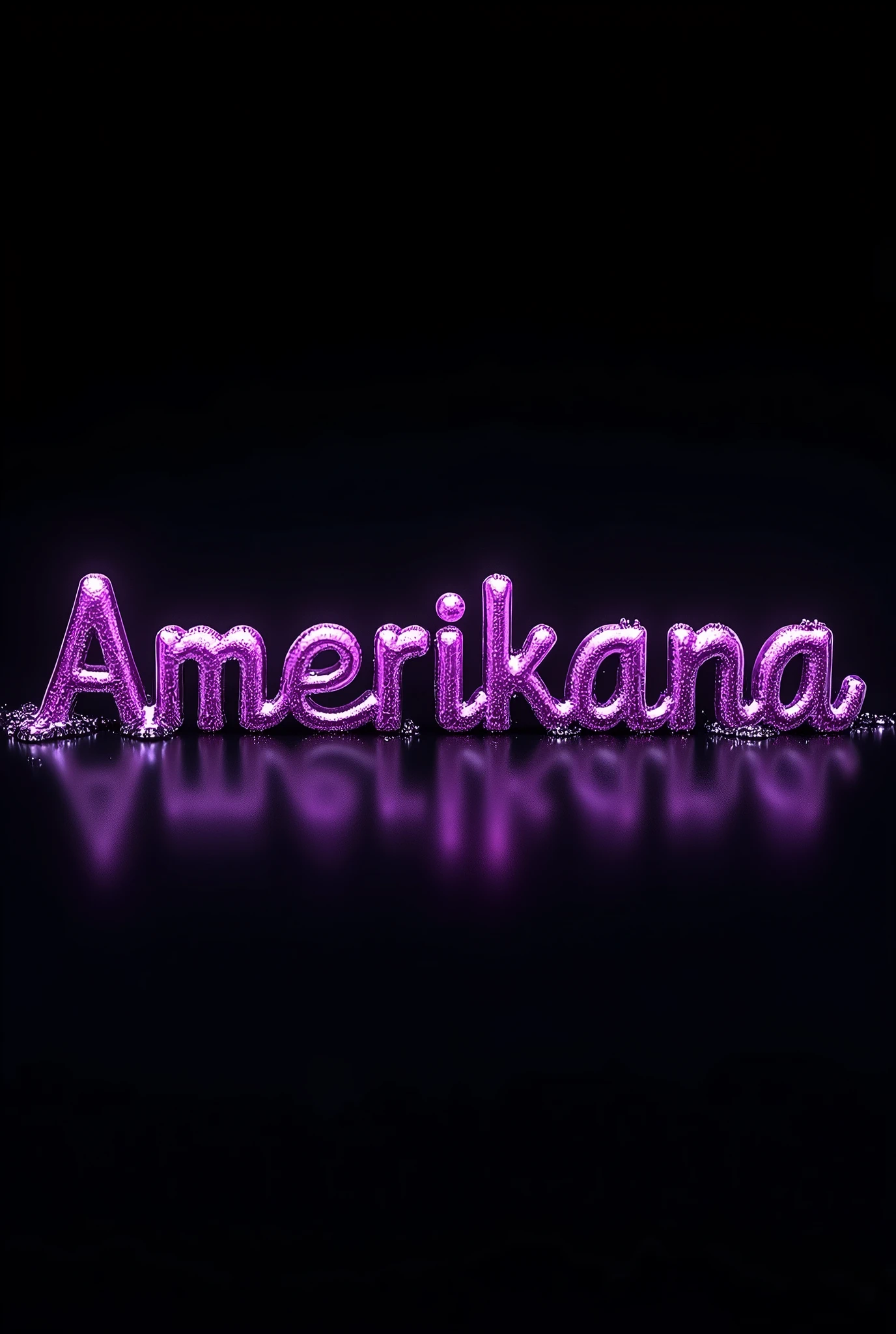 Prompts word "AMERIKANA " in Portuguese language in dark purple chrome color with black background, electroic melted appearance