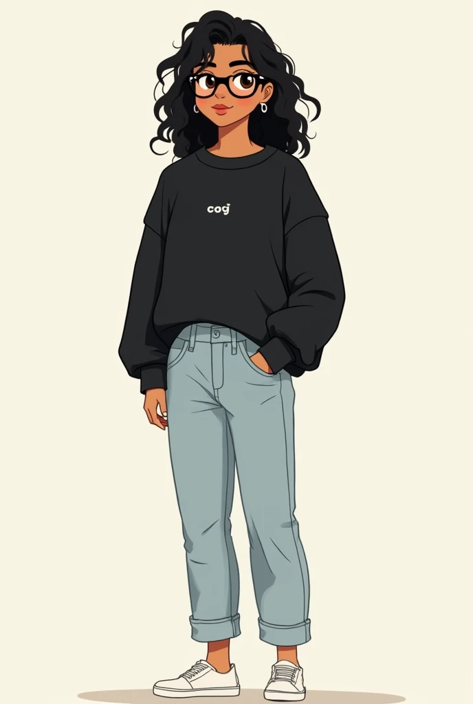 An image/drawing of me I have a heart face/round-cropped (I think) I'm tall (1.81) It is thin, I would like you to put on curly hair (type 3A + 3b) on me size medium and color black, uso um óculos round-cropped de lente a cor da armação e preto, my eyes are dark brown, I have two small hoop earrings, I usually like to wear pants that are not too wide or too tight and in light jeans that reach my sneakers without showing any of my legs., I usually wear large blouses, usually black (You can put a print related to the universe of Coraline and the Secret World but only minimalist, and I want the shirt to be untucked) I wear white sneakers too
