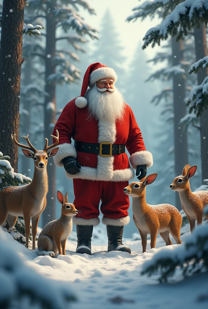 Realistic Santa Claus in Snow with forest animals