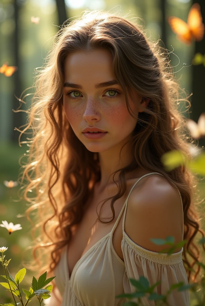 a woman inspired by the sign of sagittarius, white with brown curly hair, and freckles on the skin
