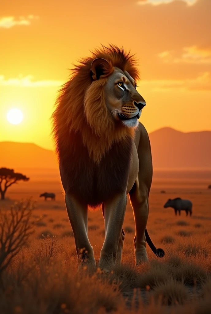 "(Best Quality, 4K, 8k, High resolution, masterpiece:1.2), ultra detailed, sharp focus, (Realist, photoRealist, fotorRealista:1.37), extremely fine details, intricate details, vivid colors, intense colours, deep contrast, cinematic depth of field, cinematographic composition, cinematic camera angle. A majestic lion standing tall in the vast African savanna during sunset. The lion's mane is flowing gently in the wind, with intricate details of its fur visible. The savanna is expansive, with dry grass and scattered acacia trees. The scene has a mysterious atmosphere with warm, golden hues contrasting with the deep shadows cast by the setting sun. In the background, distant mountains and a few animals grazing can be seen, adding to the depth of the image. The environment is calm and quiet, with a sense of both majesty and solitude."