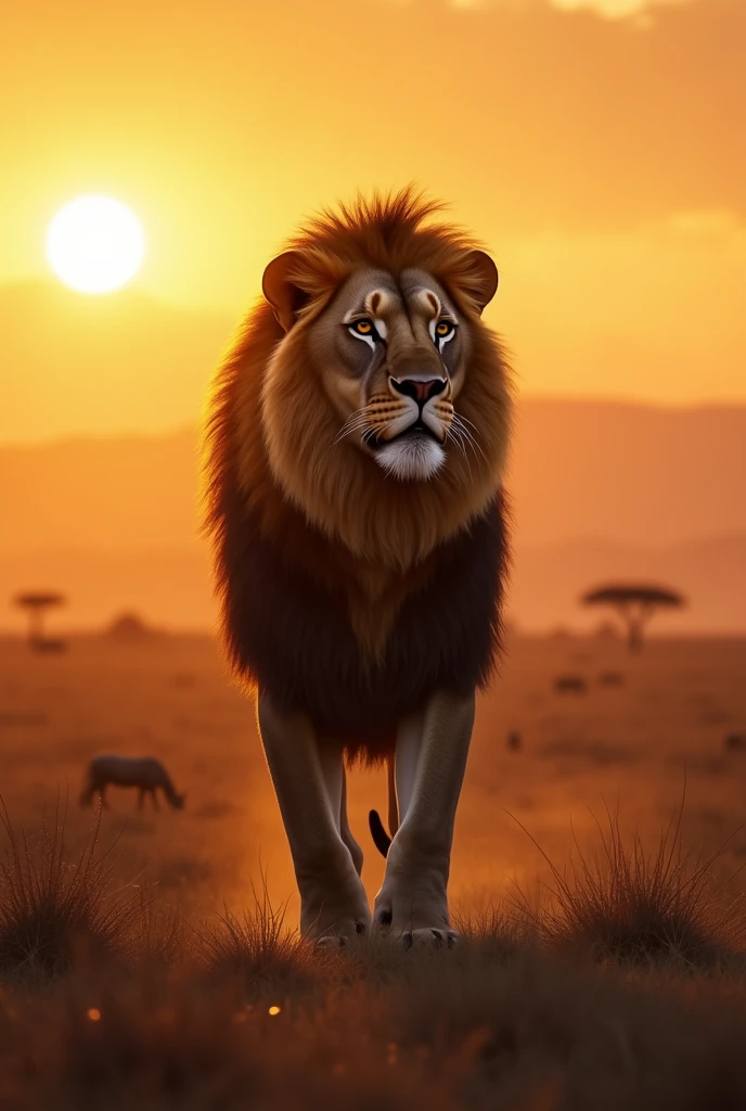 "(Best Quality, 4K, 8k, High resolution, masterpiece:1.2), ultra detailed, sharp focus, (Realist, photoRealist, fotorRealista:1.37), extremely fine details, intricate details, vivid colors, intense colours, deep contrast, cinematic depth of field, cinematographic composition, cinematic camera angle. A majestic lion standing tall in the vast African savanna during sunset. The lion's mane is flowing gently in the wind, with intricate details of its fur visible. The savanna is expansive, with dry grass and scattered acacia trees. The scene has a mysterious atmosphere with warm, golden hues contrasting with the deep shadows cast by the setting sun. In the background, distant mountains and a few animals grazing can be seen, adding to the depth of the image. The environment is calm and quiet, with a sense of both majesty and solitude."