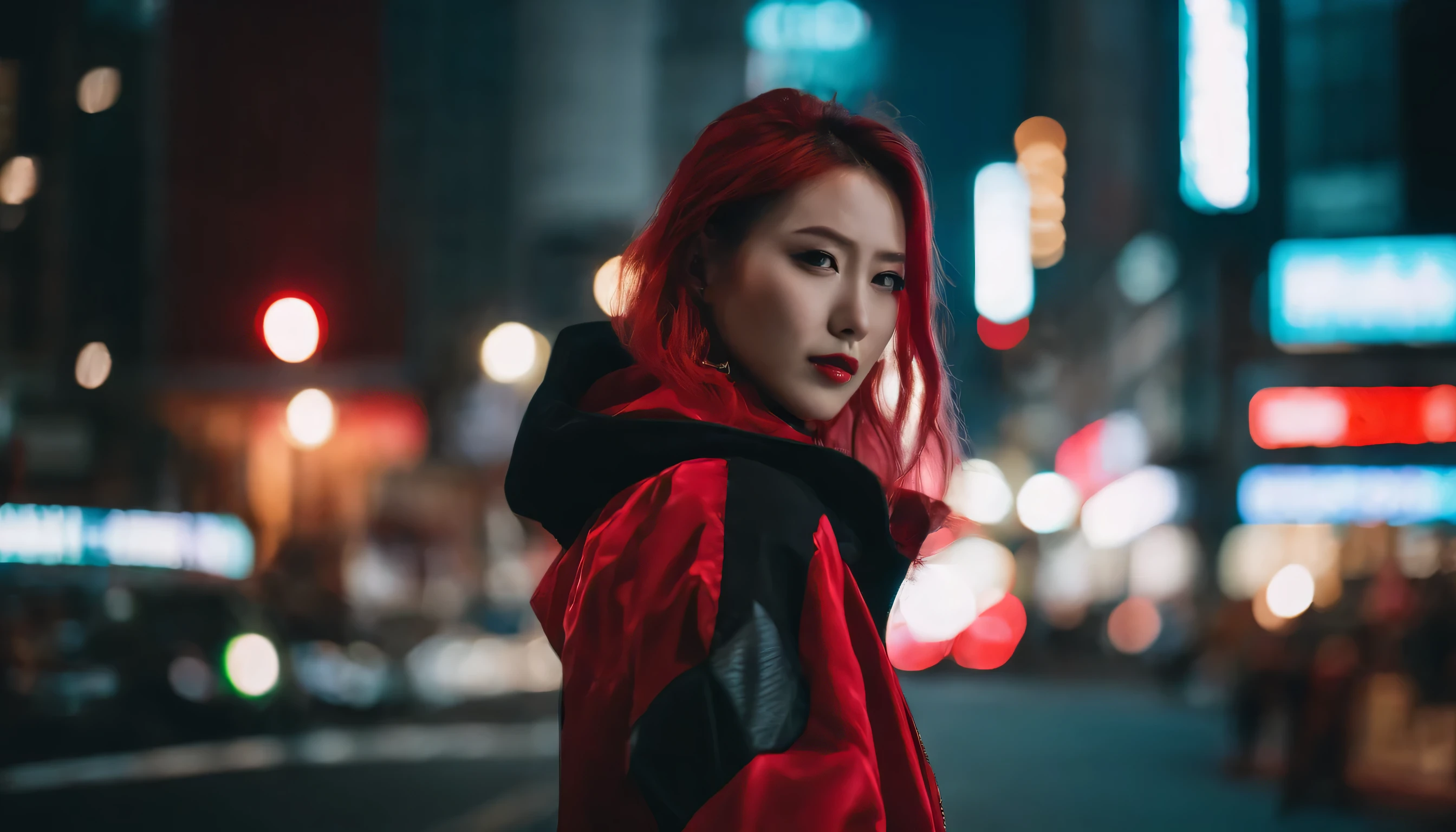 Japanese girl,Pale skin,beautiful face,pink fur,Red jacket,Tokyo at night, with Cyberpunk style,japanese street clothes,tokyo fashion,With a Cyberpunk 2077 jacket,longitud total,Attractive Pose