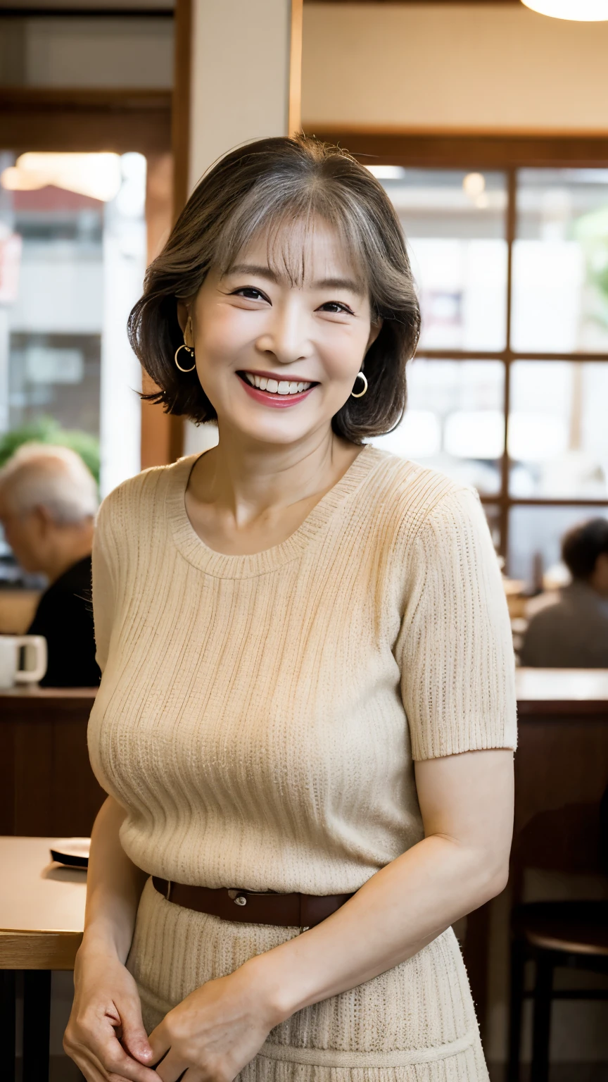 Osaka's aunt、Organic Photography、Highest quality、masterpiece、Ultra-high resolution、Beautiful Japanese old lady、60 years old、Looking at the audience、Elegant face、Smiling with teeth showing、Big Breasts、Wearing a plain short-sleeved knit、Wavy Hair、mini skirt、Earrings、A corner of a coffee shop, Background Blur