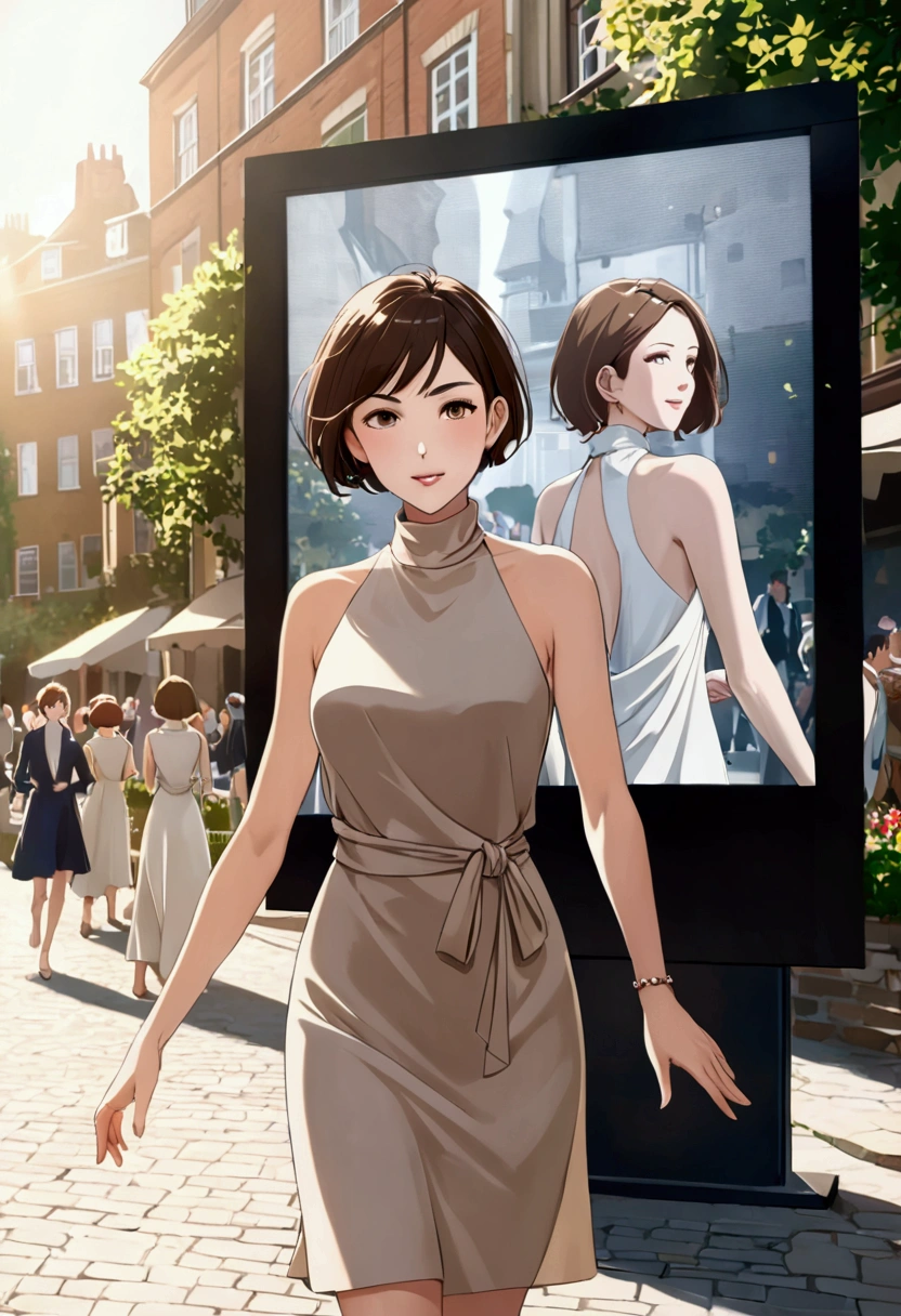 Best Quality, 1 girl, (skin denture), (huge chest:1.2), (blurred background:0.6), (Street:1.2), (people, multitudes:1), garden, day, exterior, (casual but elegant, stylish screen, high neck dress:1.5), gorgeous, (hits, short hair:1.5), (by the floating:1.2), (dynamic pose:1.2), Soft lighting, wind, (Front light:1.5),  make up, 