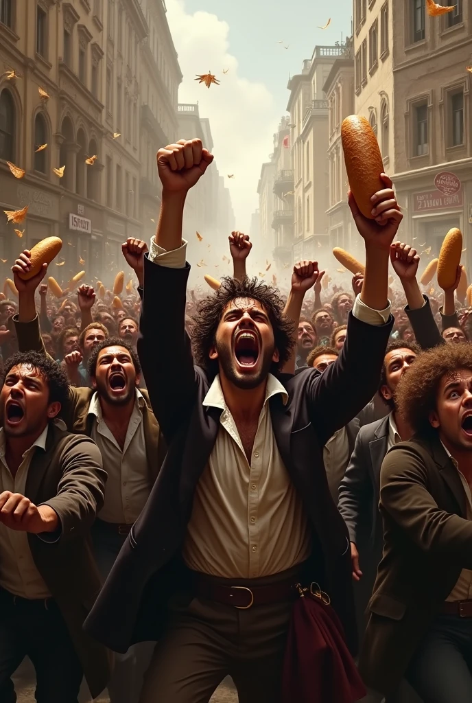 Angry people holding bread during the French Revolution
