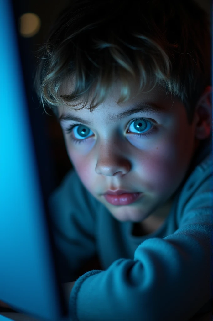 Frame: Close-up of the boy’s eyes reflecting the computer screen. His eyes should show concentration.Lighting Angle: Use a soft, side light to create subtle highlights and shadows on his face, emphasizing his focus. Use the screen's light for natural highlights.Camera Angle: Extreme close-up from the side, focusing just on the eyes and part of the screen.