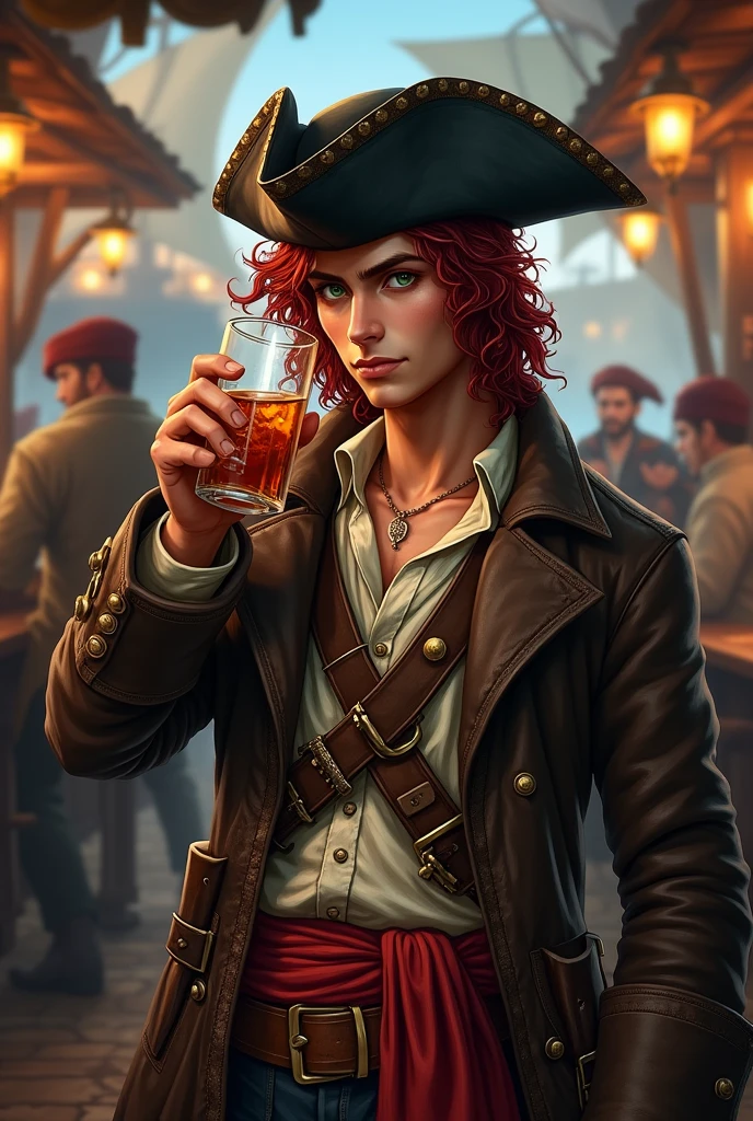 Create an image of a full human race pirate for D&D. An attractive young pirate in his 20s with long curly, garnet-red hair, beardless and with dark green eyes. He wears a black leather battered hat, He wears a long, worn and old brown pirate-style trench coat, with a light shirt and a ruined vest underneath. In life he wears a red sash with a belt, above the belt two pirate sabres. He is drinking rum with other sailors in a pub with a pirate port in the background Pirate protagonist-realistic picture-excited character-no beard-20 years old character-XVI 