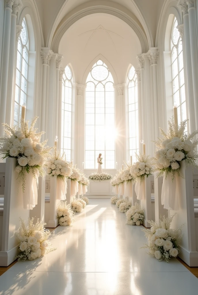 Church decorated in white for the wedding