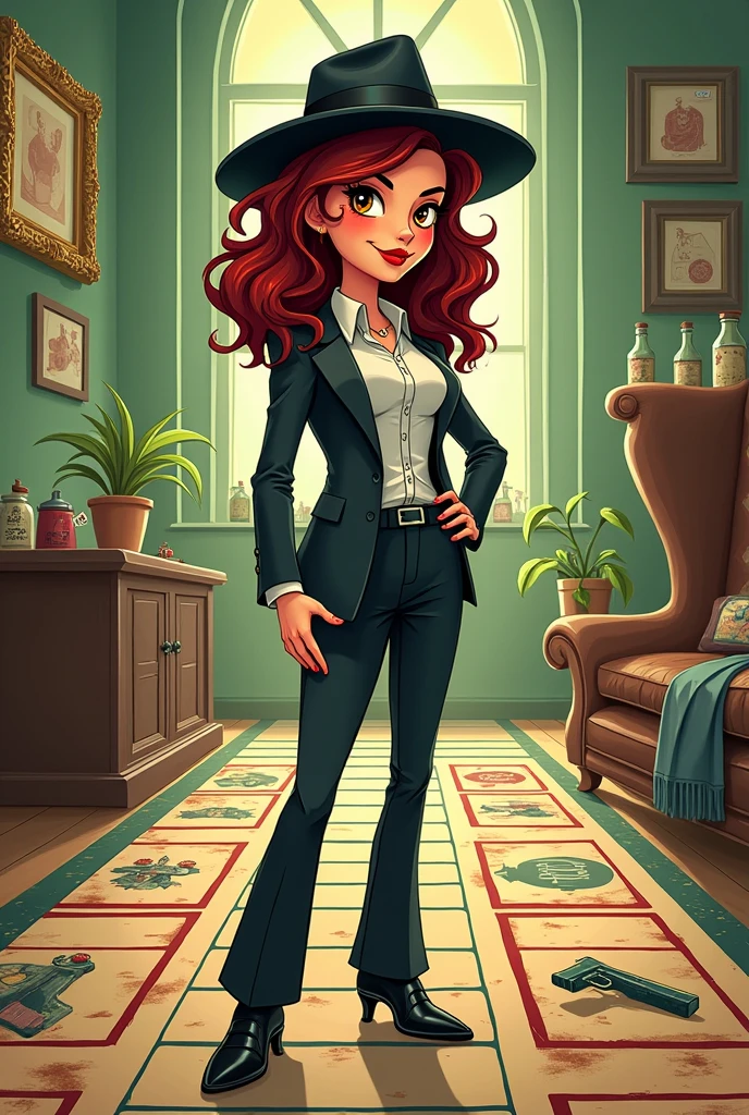 Marry Lychardi in cartoon board game mafia style with dar beige and green background