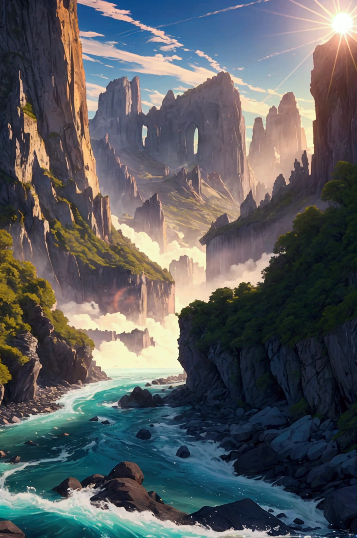 A rushing river leading to an unprecedented lake, azure and beautiful, the sun pouring down, towering rock faces looming on both banks, inhospitable, full of nature, the best image quality