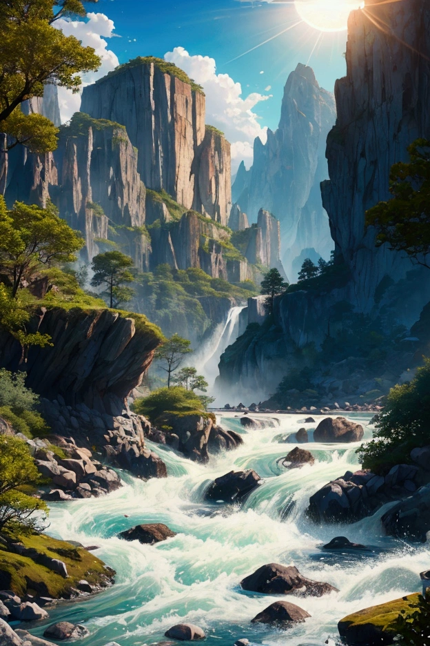 A rushing river leading to an unprecedented lake, azure and beautiful, the sun pouring down, towering rock faces looming on both banks, inhospitable, full of nature, the best image quality